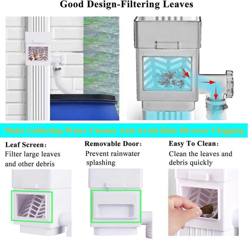 MISDENK Rain Barrel Diverter Kit, Downspout Diverter Fits for 2x3 or 3x4 Inch Gutter Downspouts, Rainwater Collection System with Adjustable Valve and Filter - White - Image 3